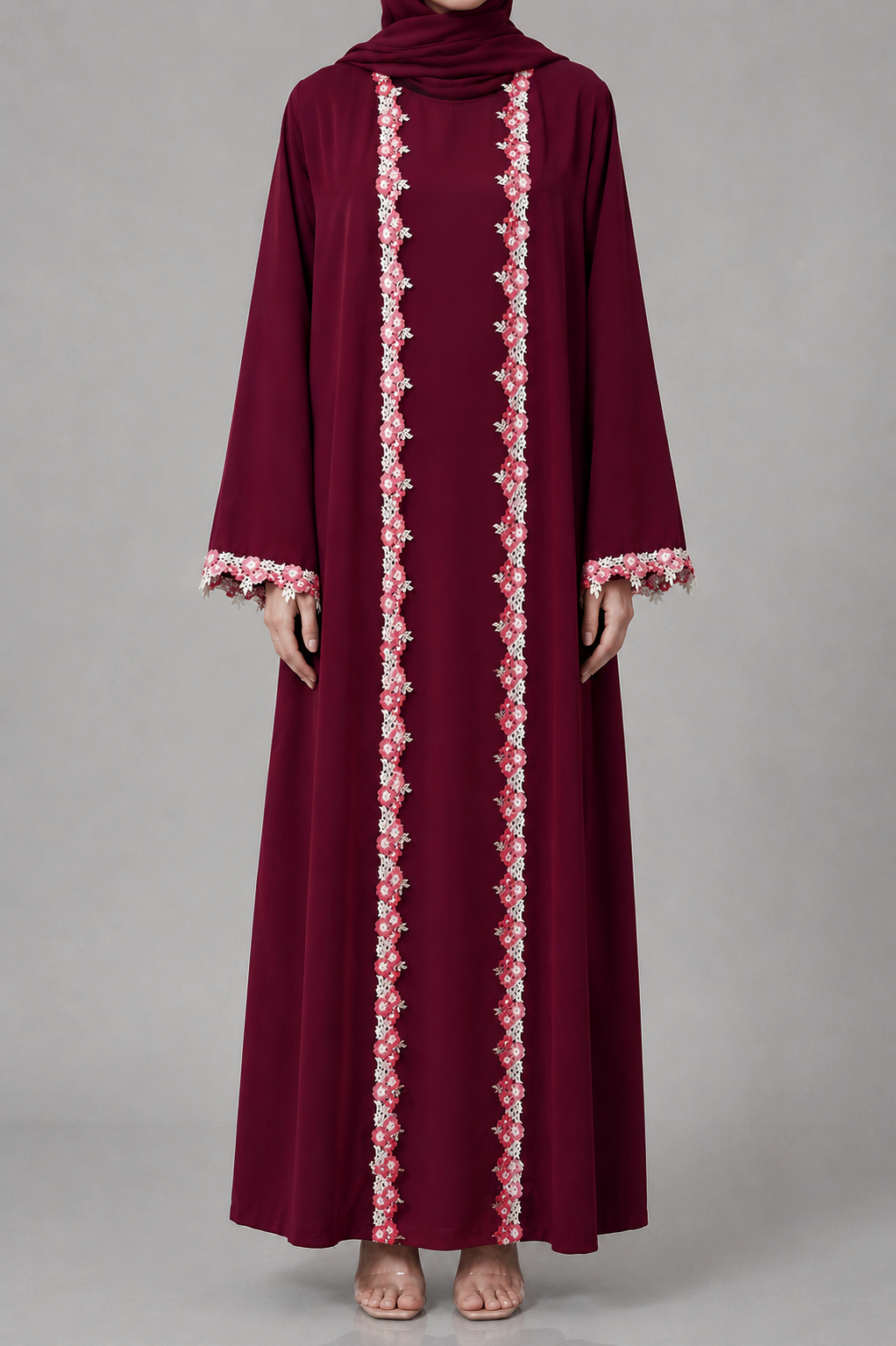 Crimson maroon fancy lace abaya