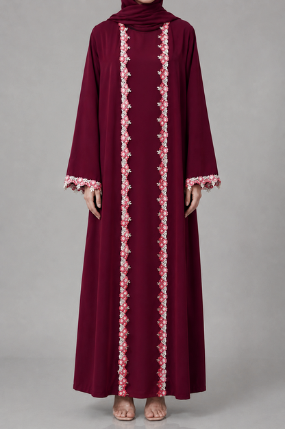 Crimson maroon fancy lace abaya