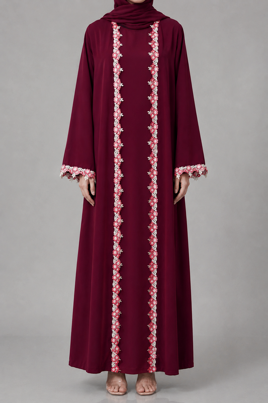 Crimson maroon fancy lace abaya