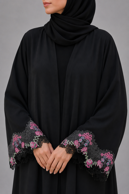 Black Broad Fancy Lace Abaya (02)