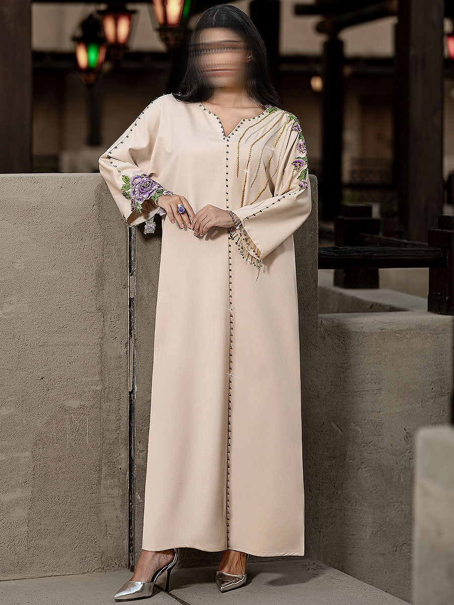BA4010 Beige Zirconia Abaya