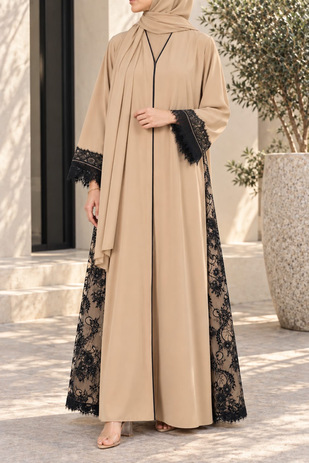 Beige Lattice Lace Abaya E13S