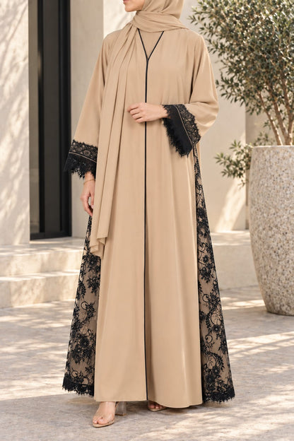 Beige Lattice Lace Abaya E13S