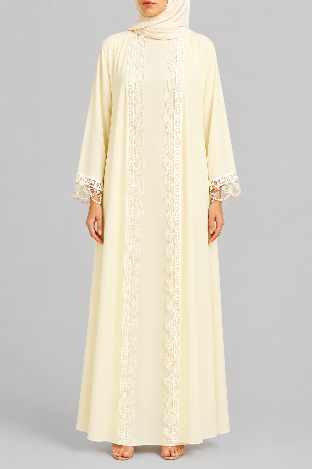 Butter yellow fancy lace abaya -A29J