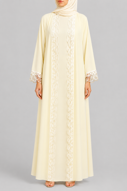 Butter yellow fancy lace abaya -A29J