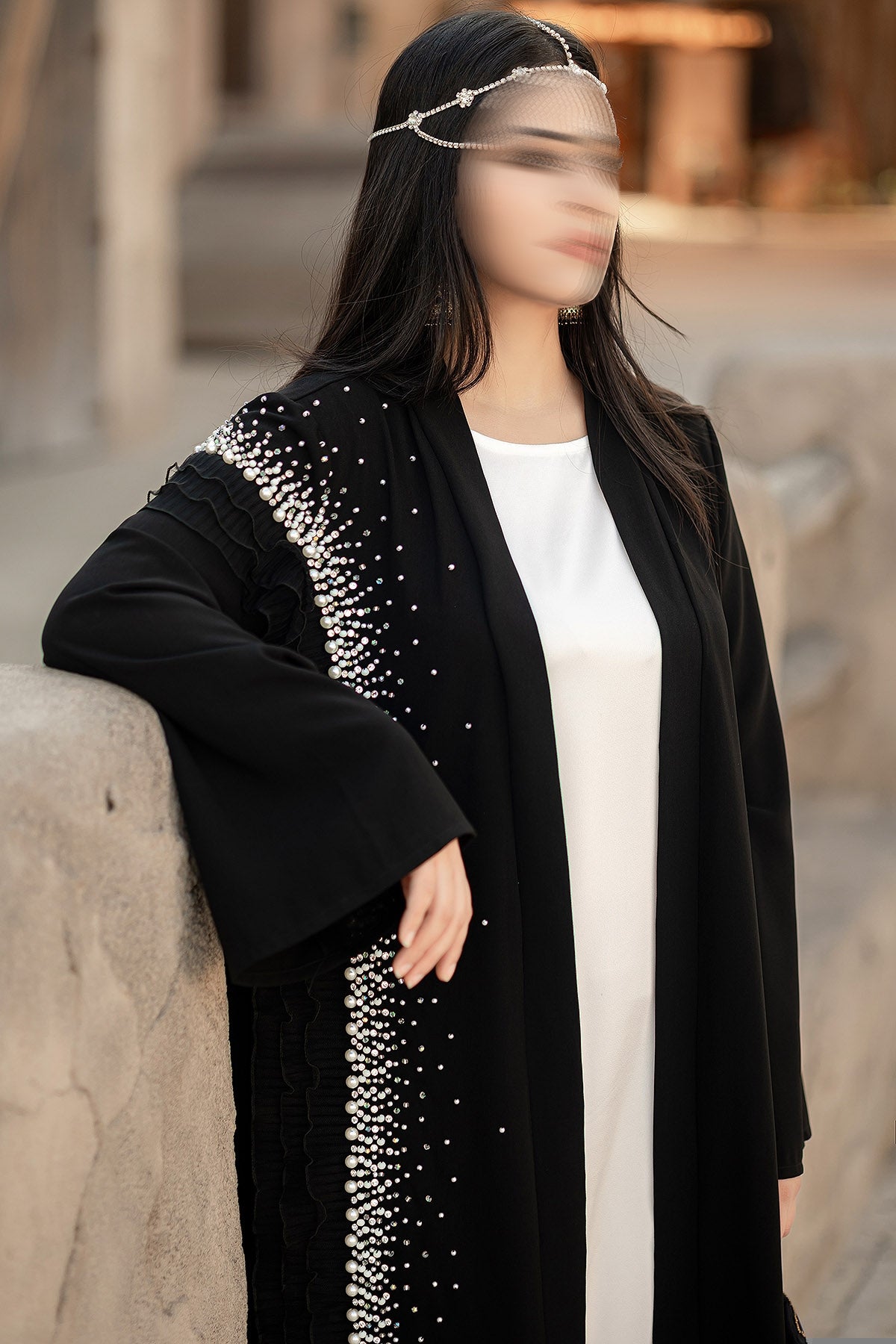 BA4105 Black Pearl Cascade Abaya
