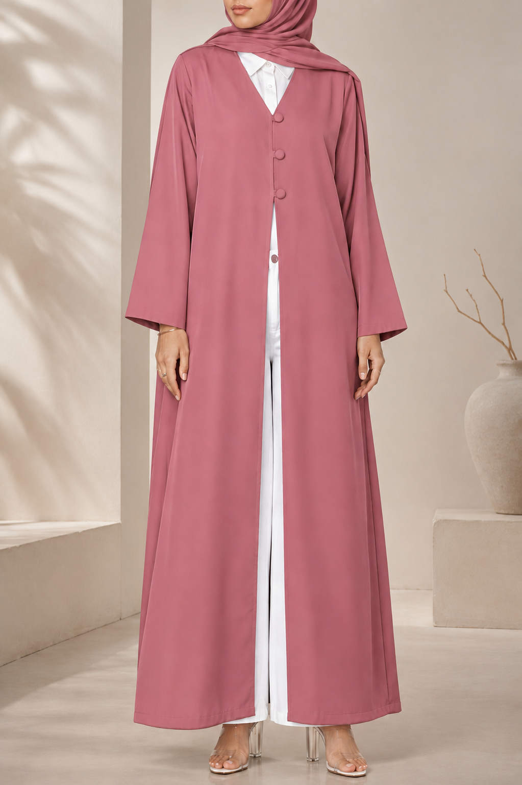 Mauve pink button abaya