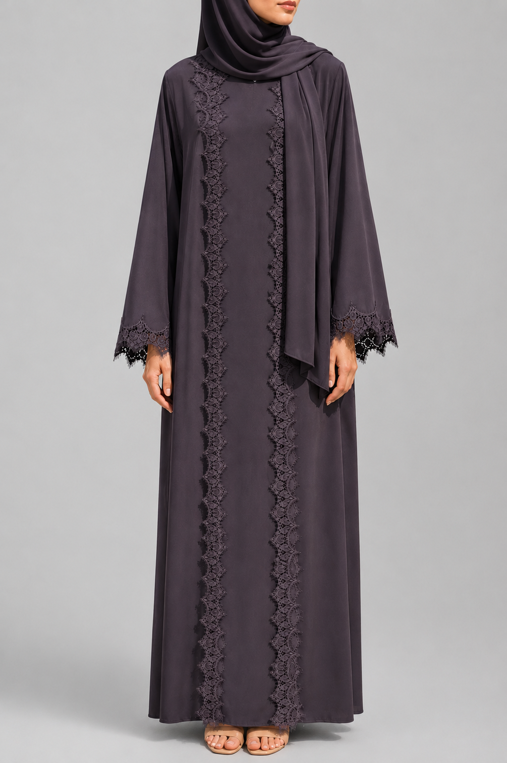 Deep taupe fancy lace abaya