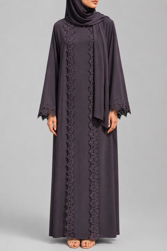 Deep taupe fancy lace abaya