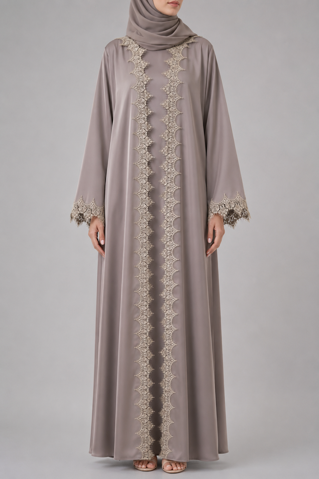 Dark beige fancy lace abaya