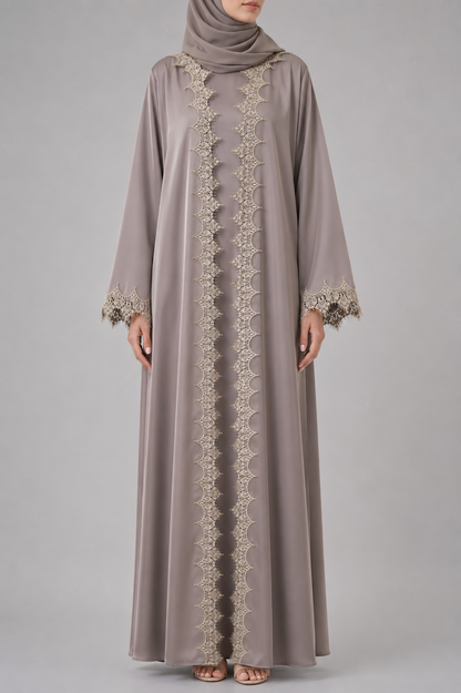 Dark beige fancy lace abaya