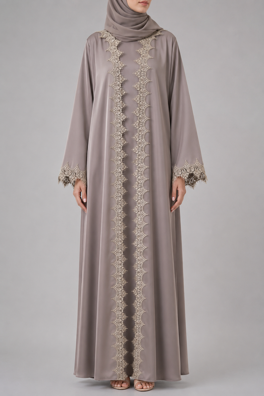 Dark beige fancy lace abaya