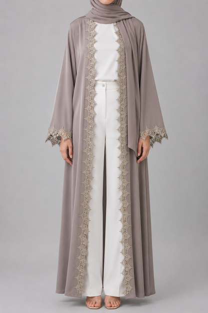 Dark beige fancy lace abaya