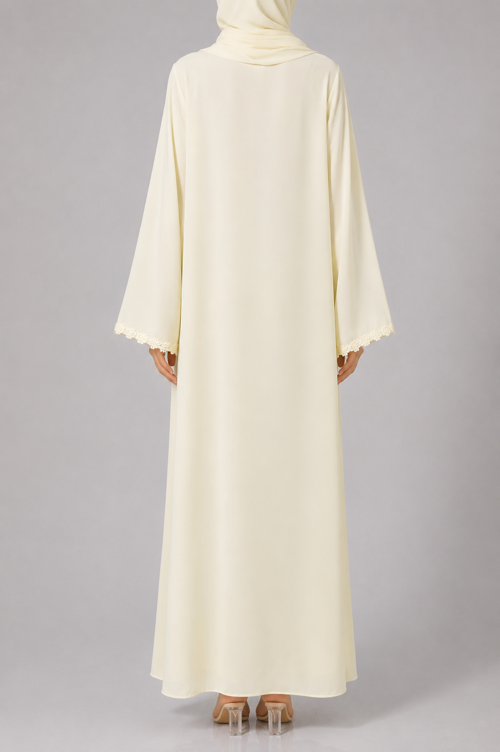 Parchment yellow fancy lace abaya