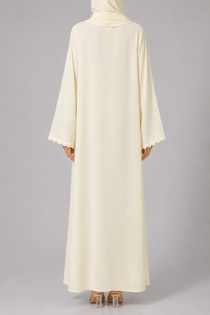 Parchment yellow fancy lace abaya