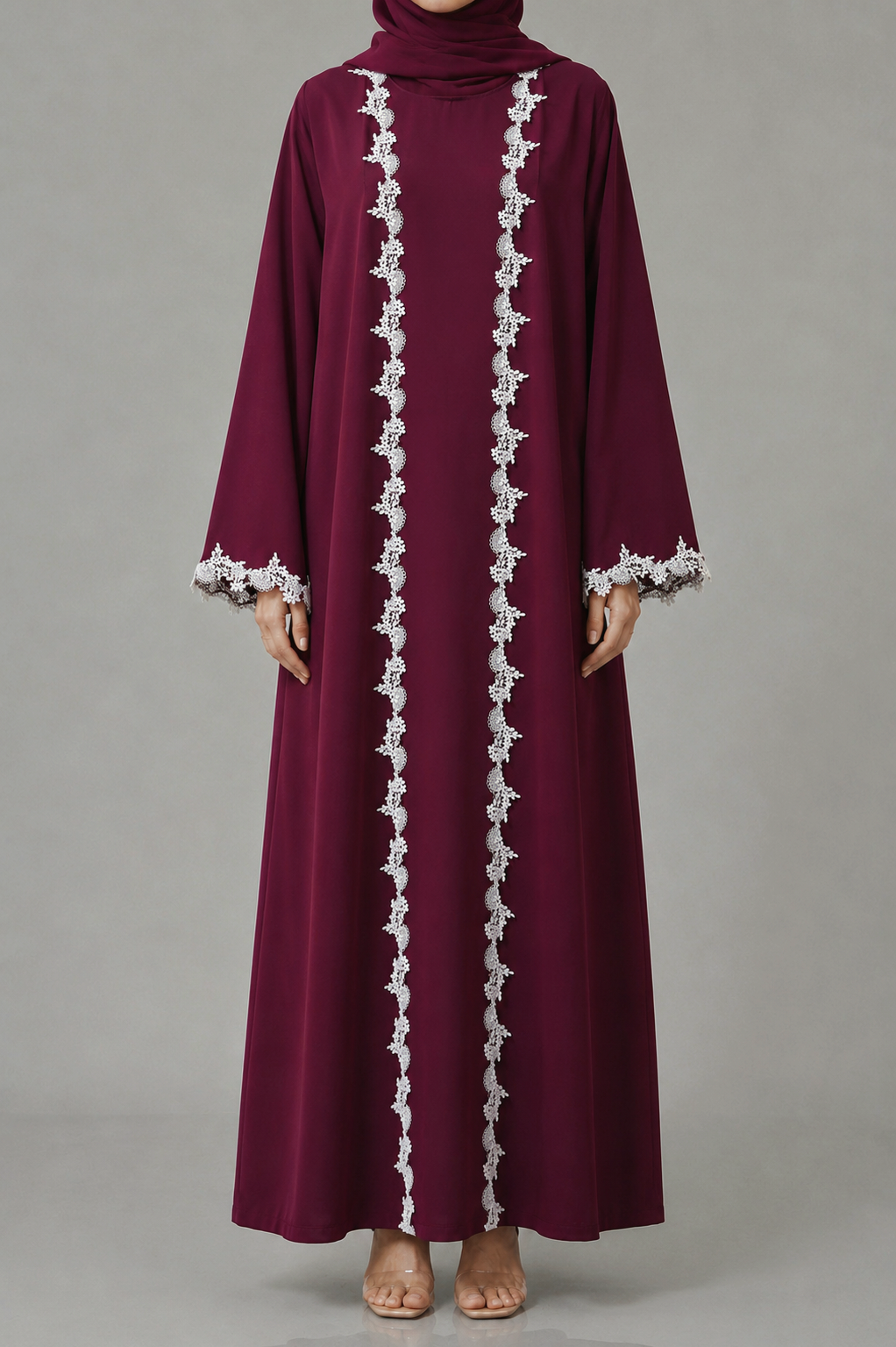 Deep wine Fancy Lace Abaya (03)