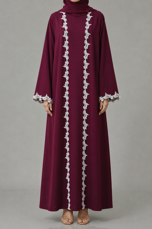Deep wine Fancy Lace Abaya (03)