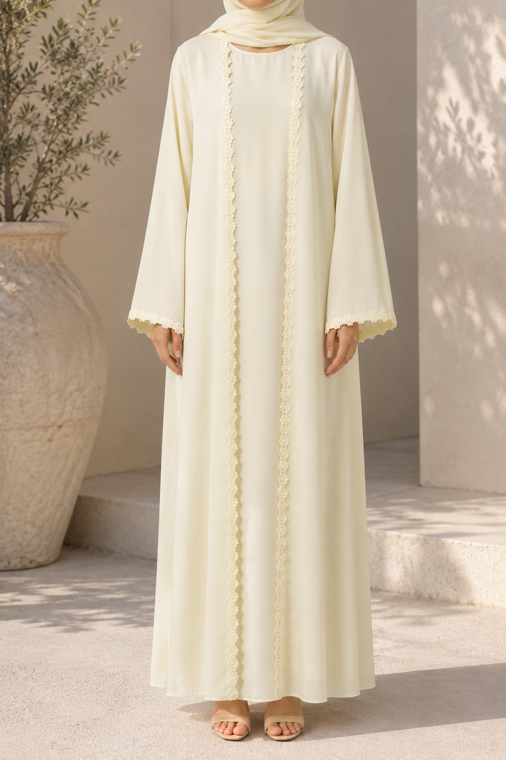Parchment yellow fancy lace abaya
