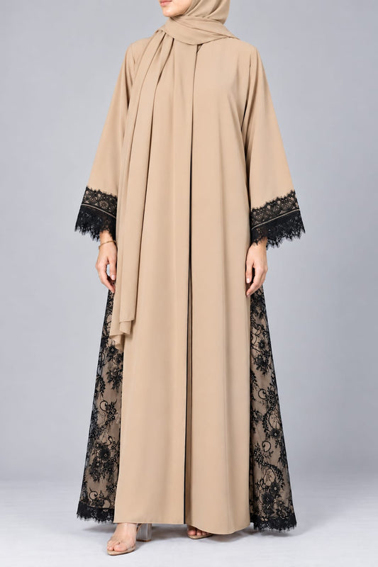 Beige Lattice Lace Abaya E13S