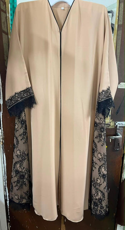 Beige Lattice Lace Abaya E13S