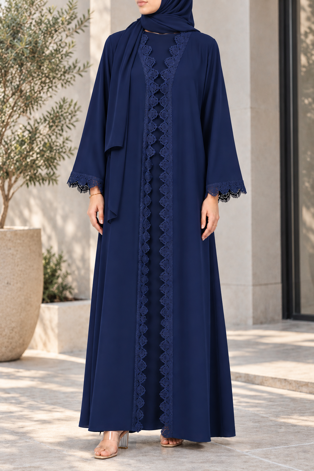 Navy Blue Petaloid Lace Abaya E13S