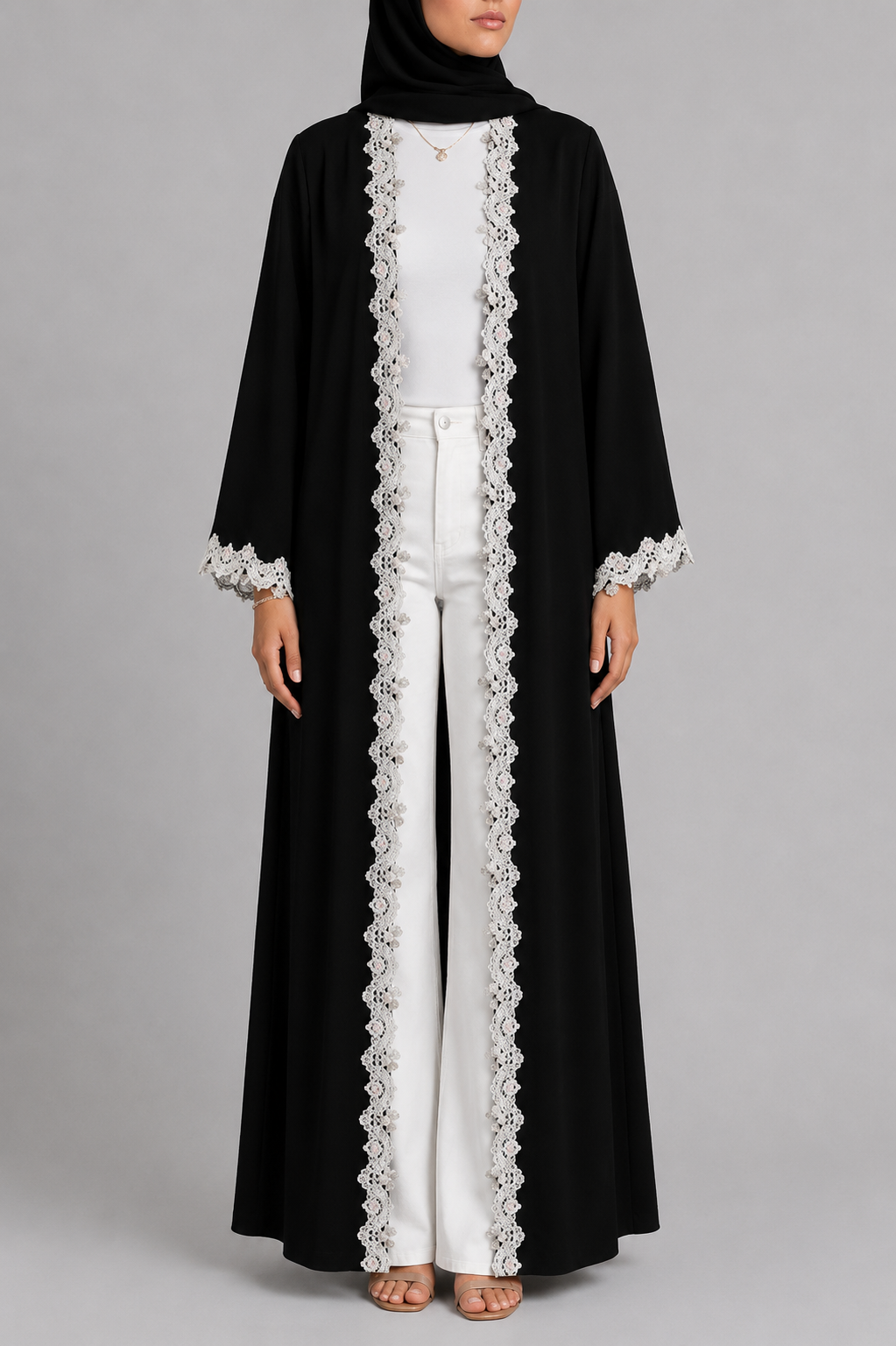 Black floral fancy lace abaya