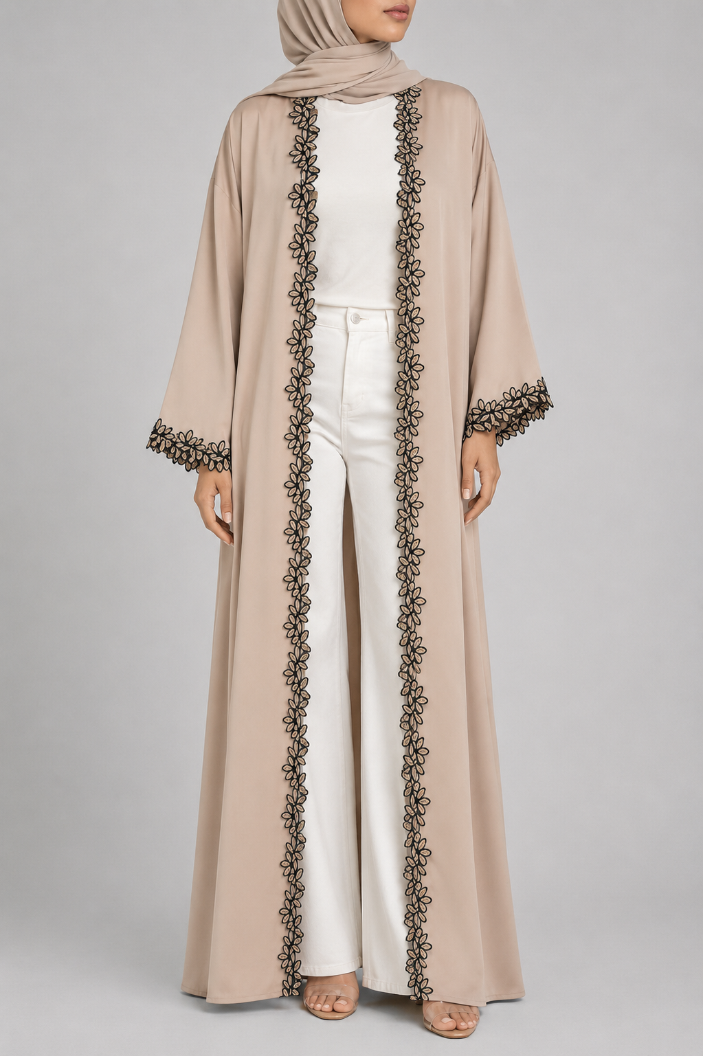 Beige fancy lace abaya