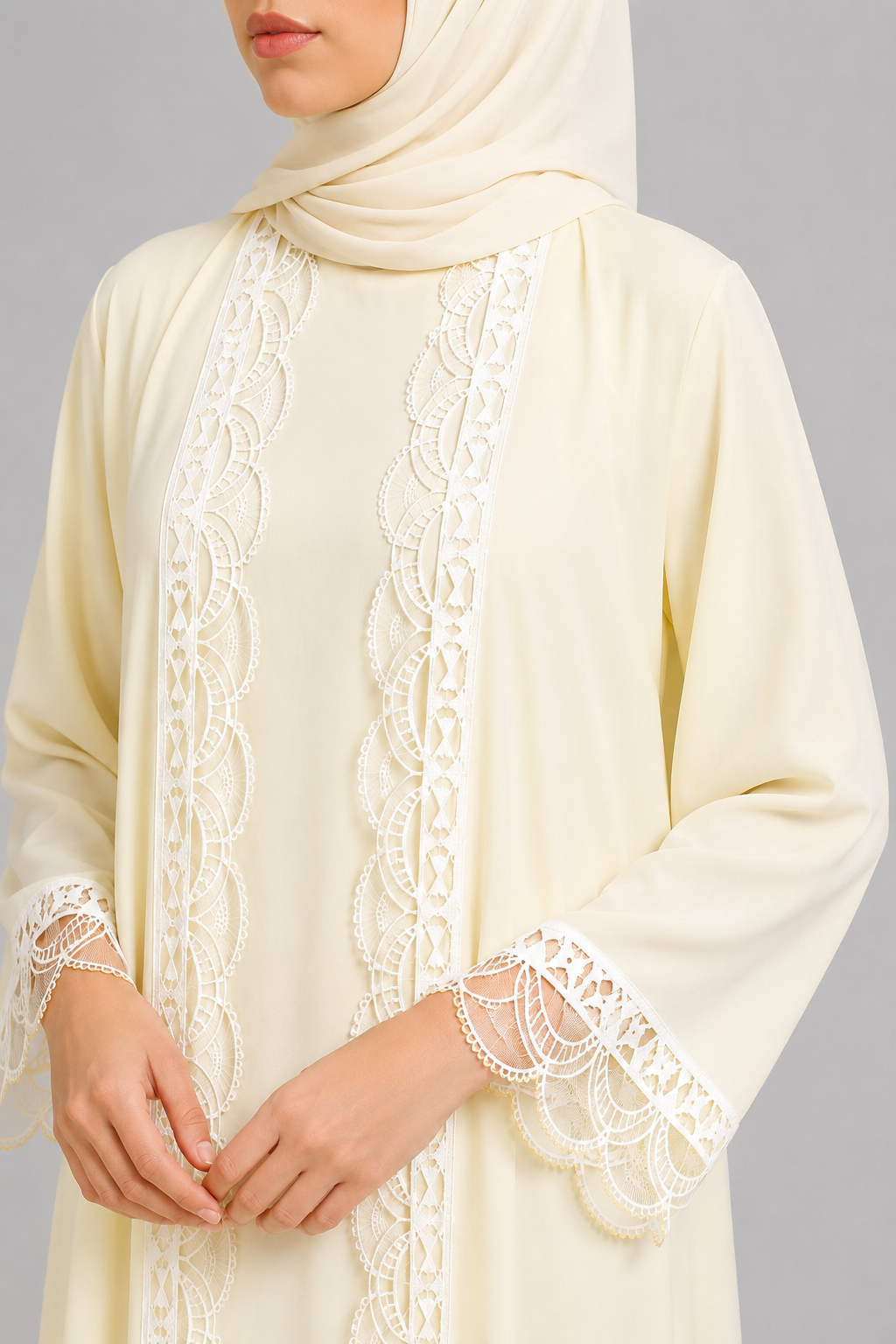 Butter yellow fancy lace abaya -A29J