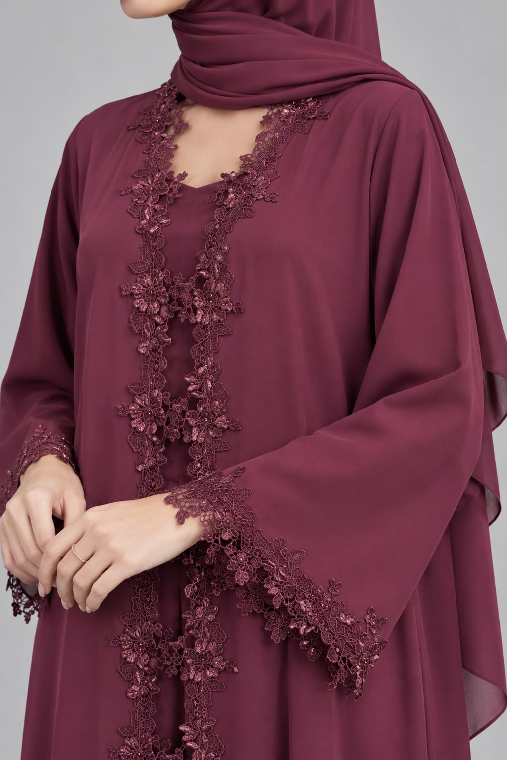 Maroon Floristic Lace Abaya E13S