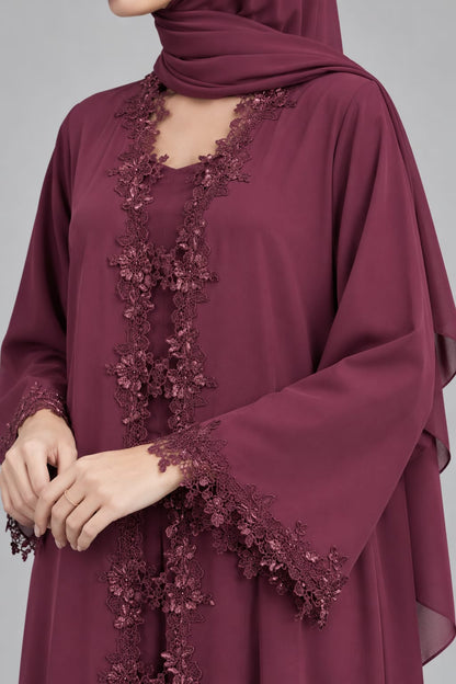 Maroon Floristic Lace Abaya E13S