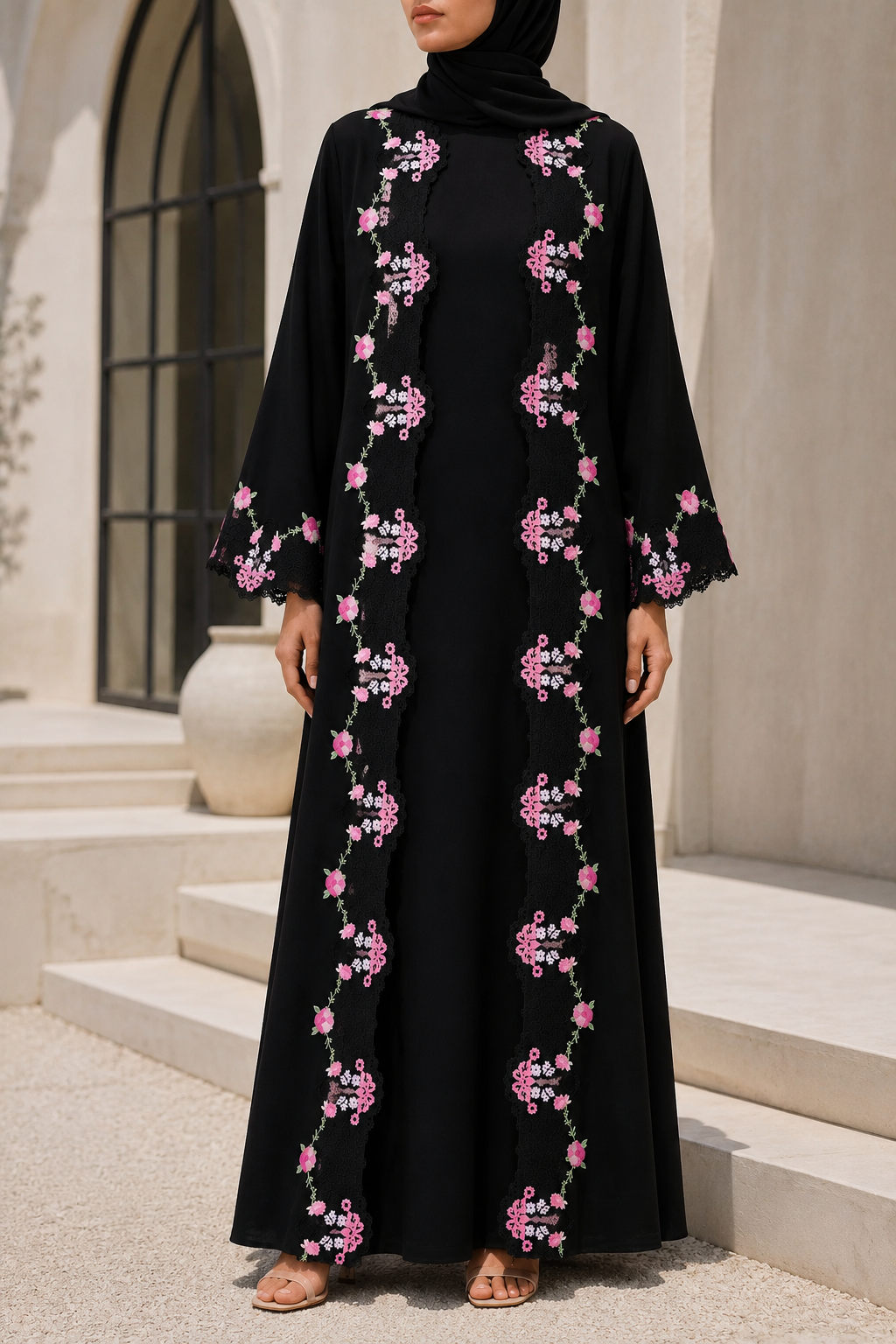 Black broad fancy lace abaya