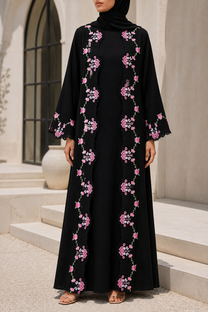 Black broad fancy lace abaya