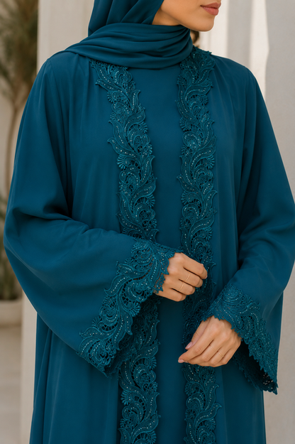 Imperial Blue Moonlit Lace Abaya E12J