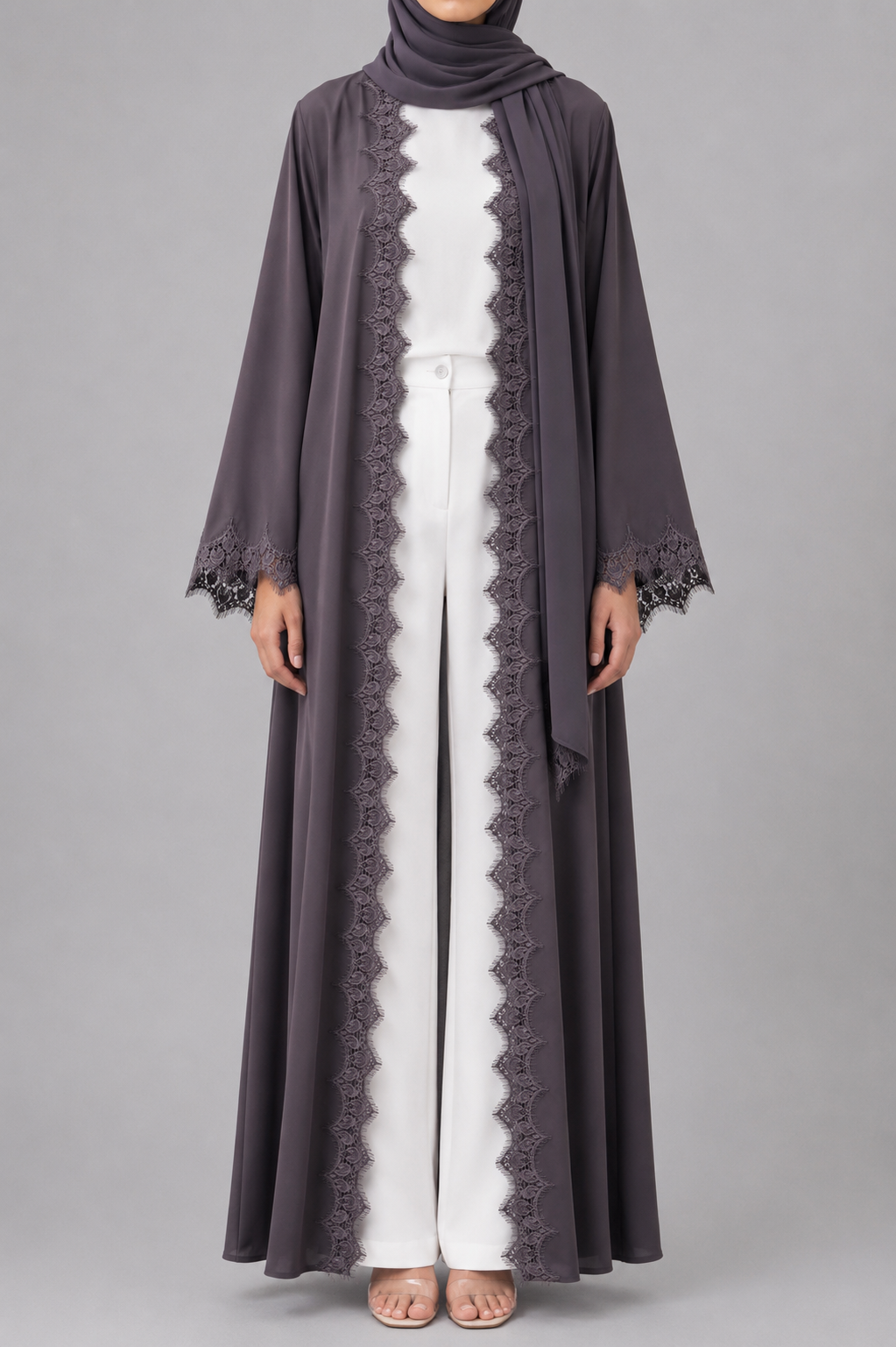 Deep taupe fancy lace abaya