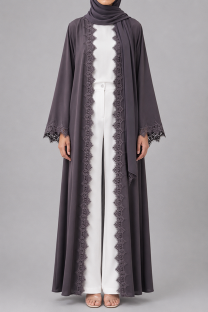 Deep taupe fancy lace abaya