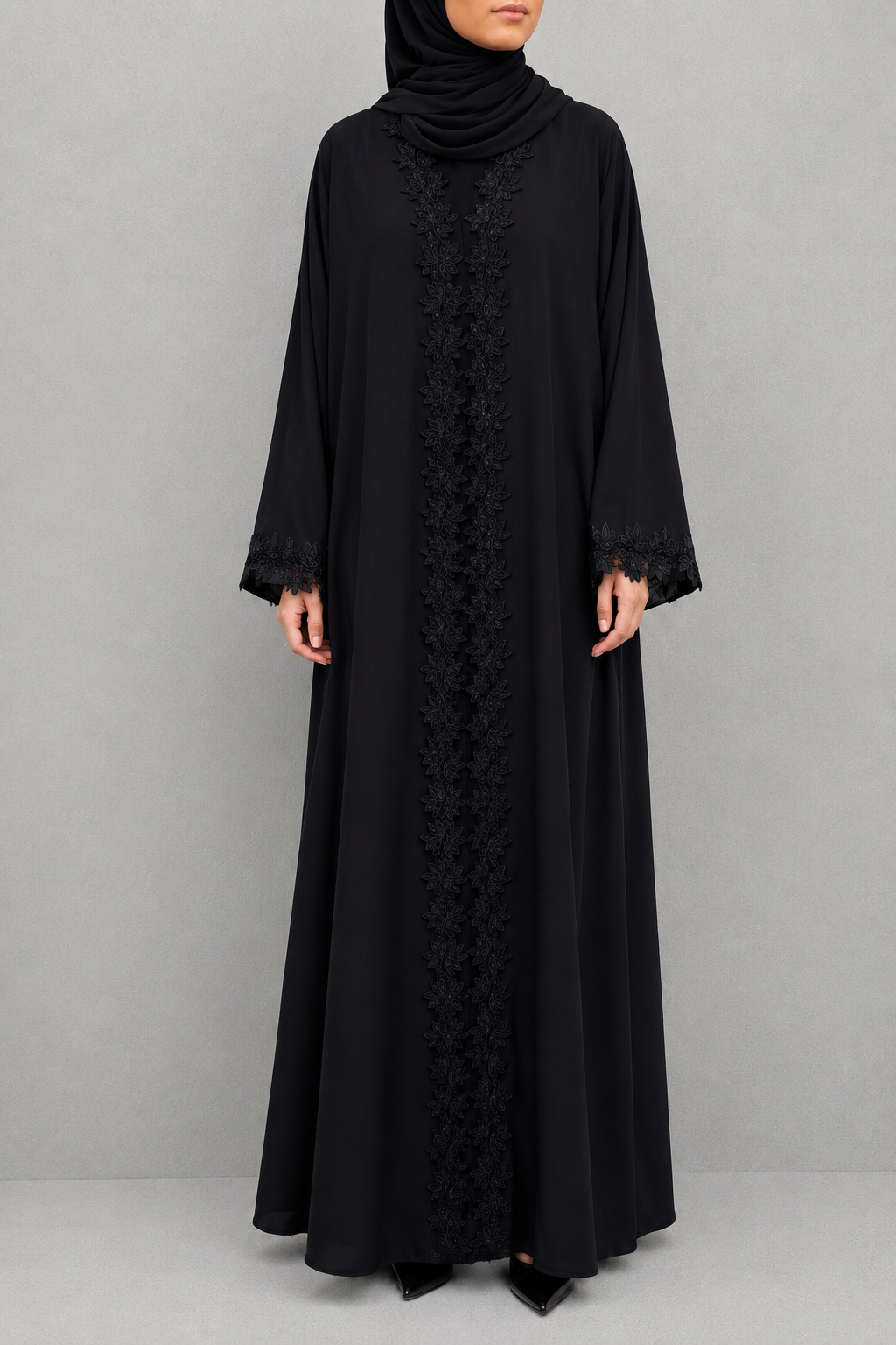 Obsidian Bloom lace abaya E19M