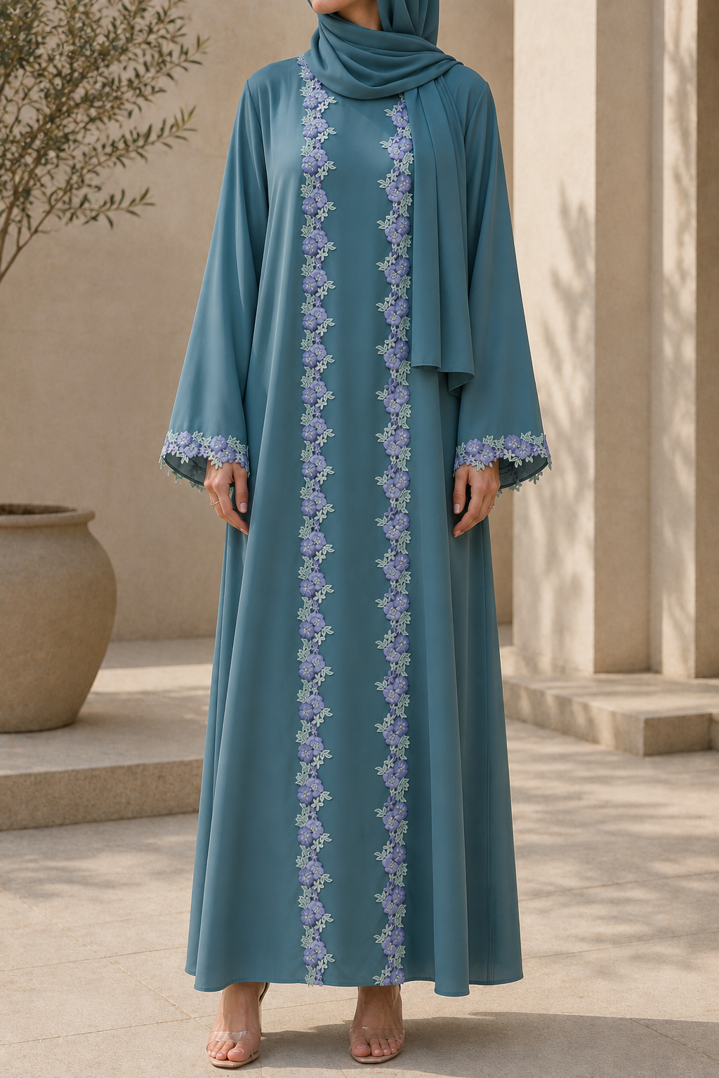 Seafoam teal fancy lace abaya
