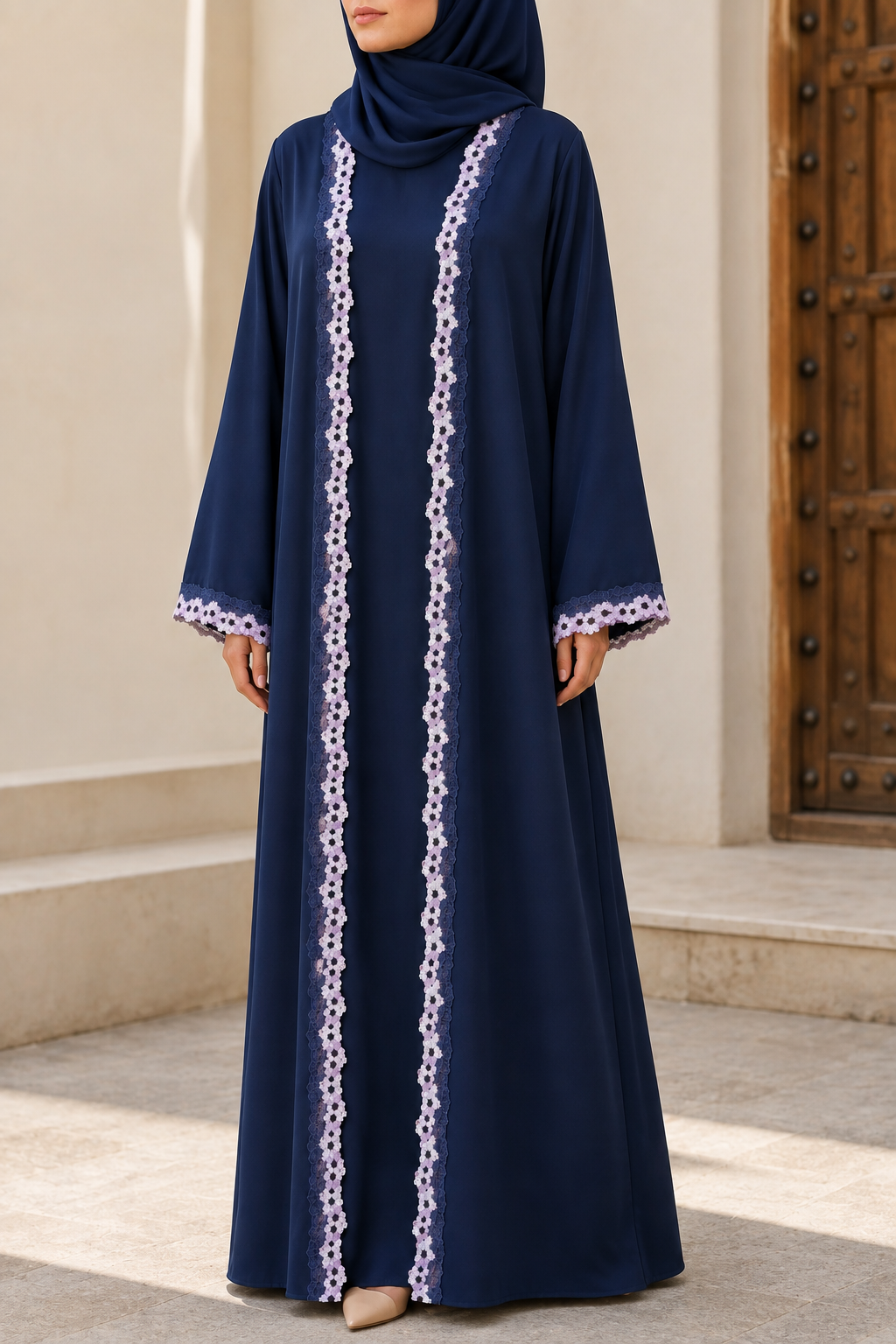 Blue Embroidered lace abaya