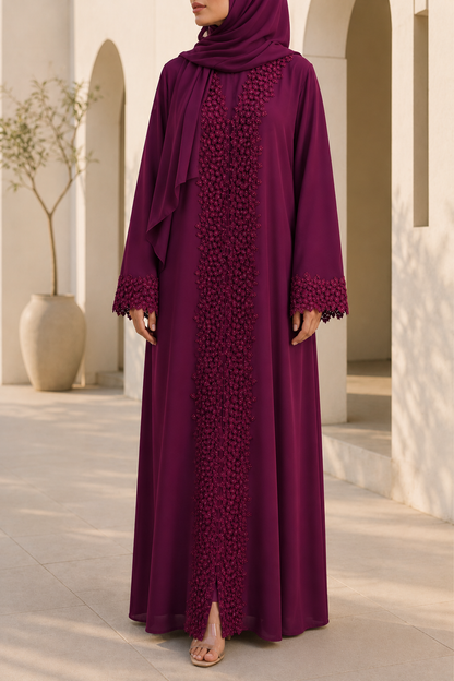 Maroon Ethereal Lace Abaya