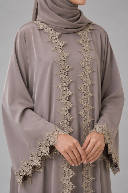 Dark beige fancy lace abaya