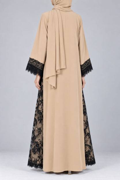 Beige Lattice Lace Abaya E13S