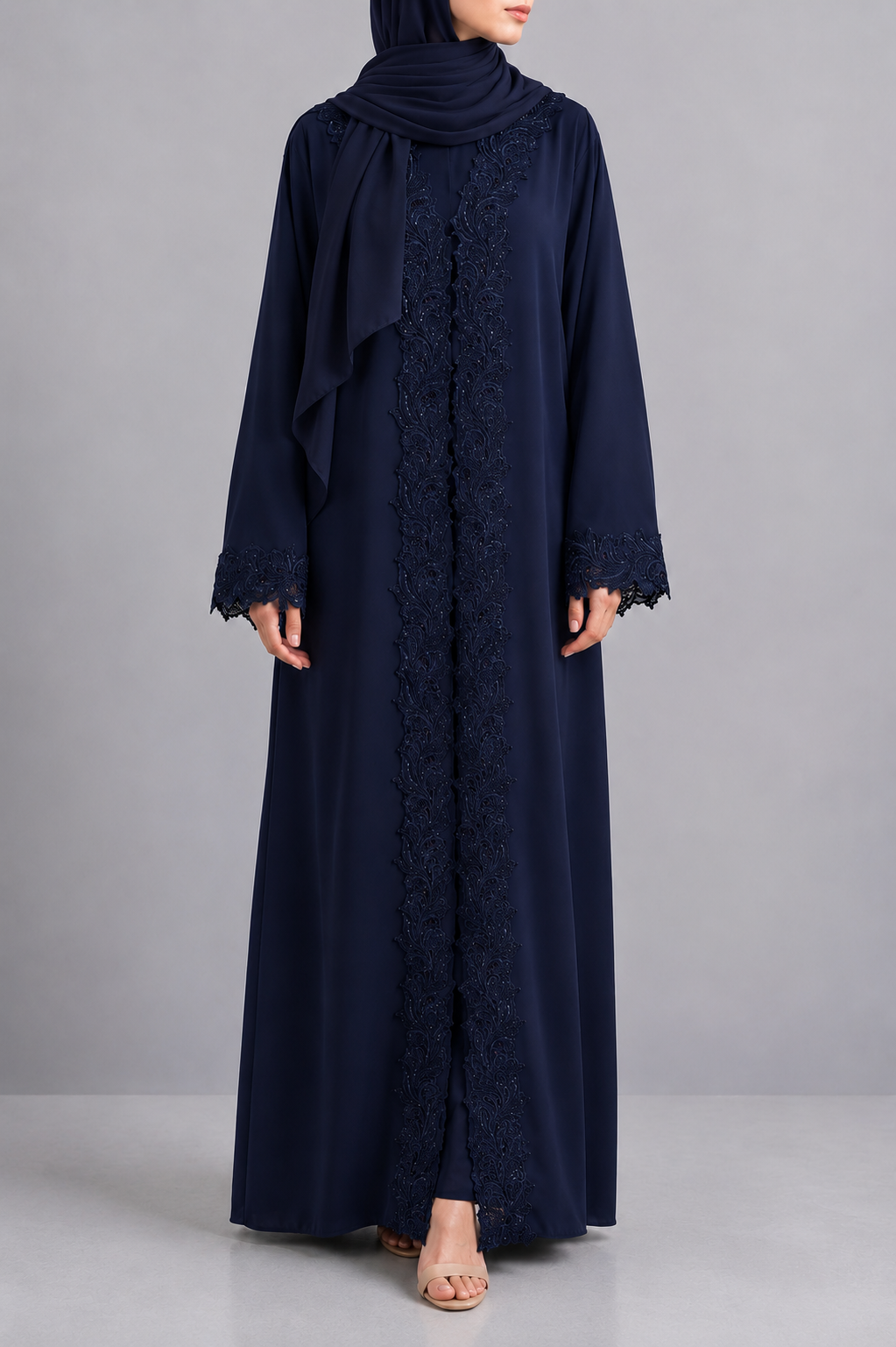 Navy Blue Moonlit Lace Abaya E12J