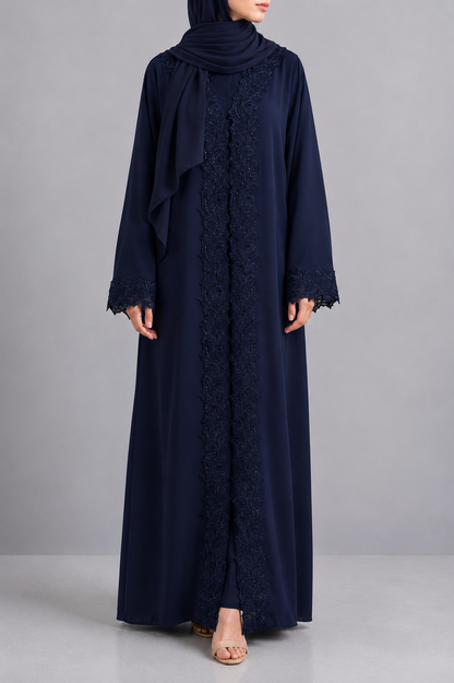 Navy Blue Moonlit Lace Abaya E12J