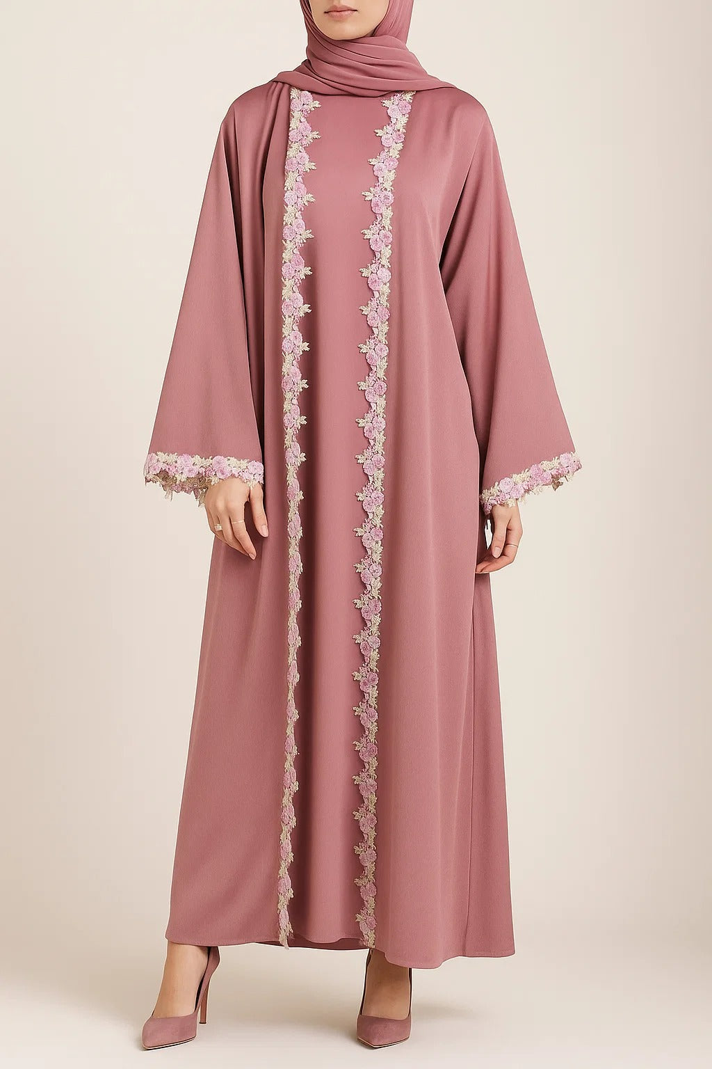 Pink Rose lace abaya
