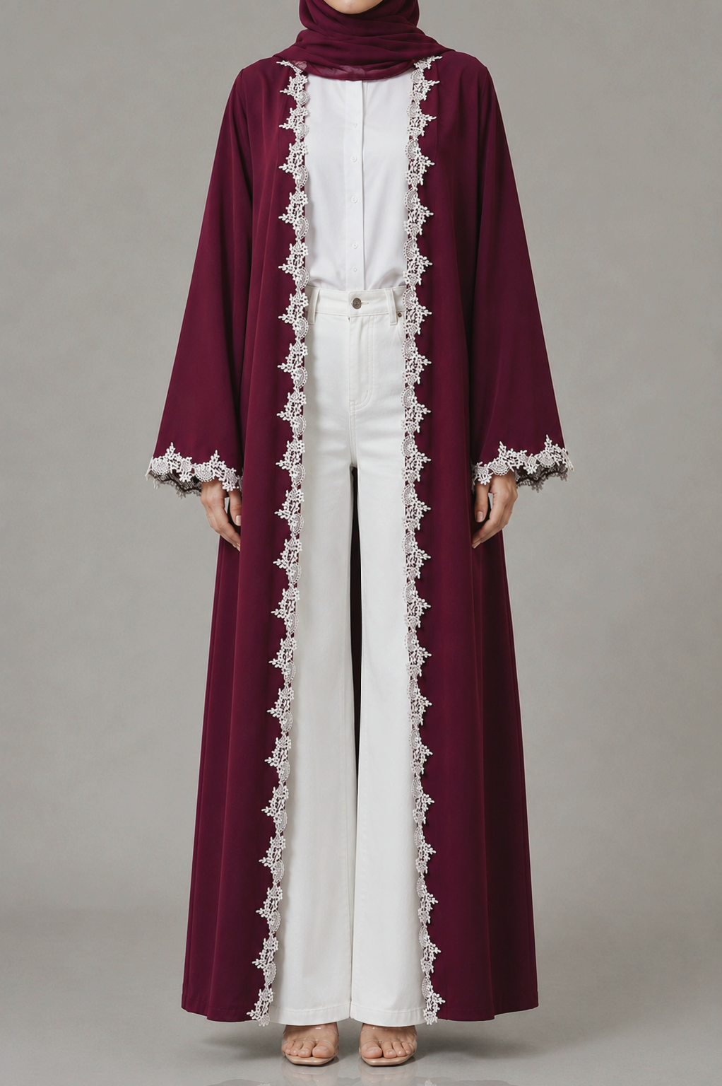 Deep wine Fancy Lace Abaya (03)