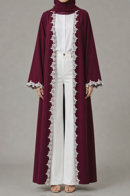 Deep wine Fancy Lace Abaya (03)
