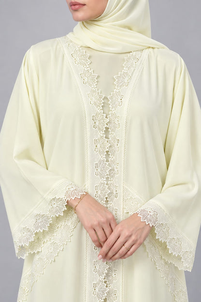 Butter-Yellow Phyllome Lace Abaya E13S