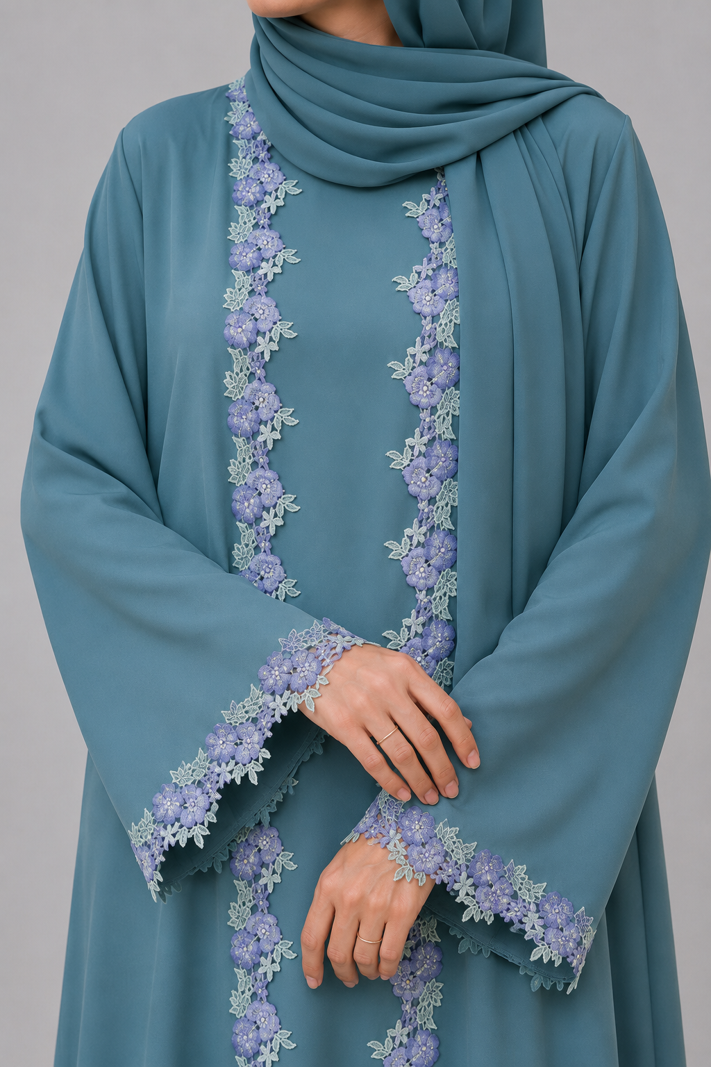 Seafoam teal fancy lace abaya