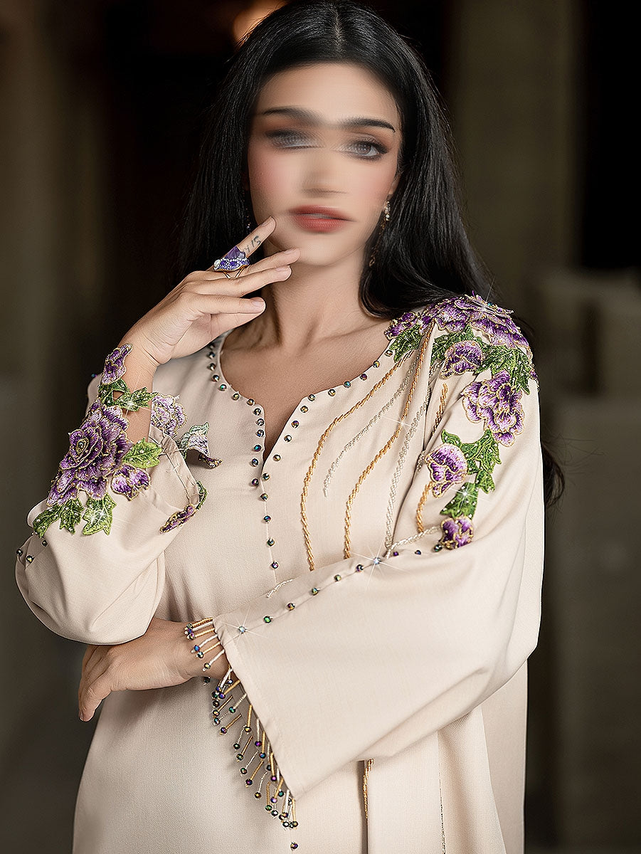 BA4010 Beige Zirconia Abaya