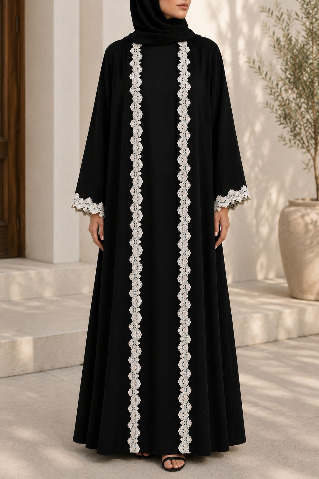 Black floral fancy lace abaya